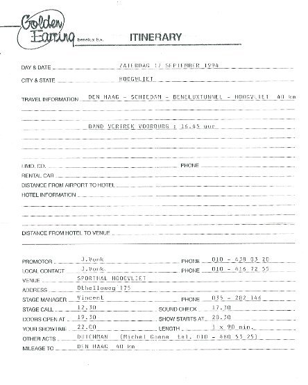 Golden Earring show Itinerary September 17 1994 Hoogvliet